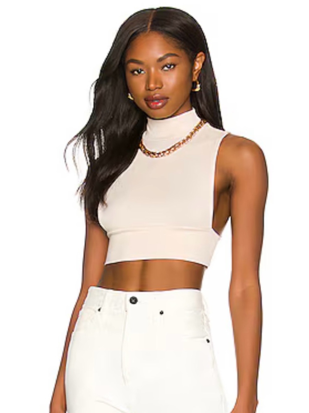 Lovers + Friends Neutral Beige Mock Neck Cropped Tank